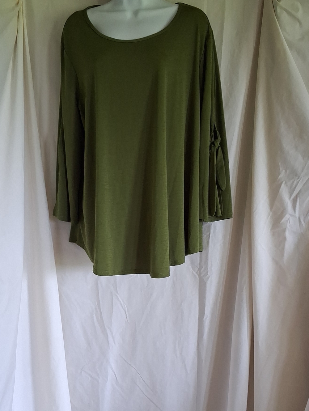 Relaxed Tie-Sleeve Scoop Neck Blouse - Olive Green